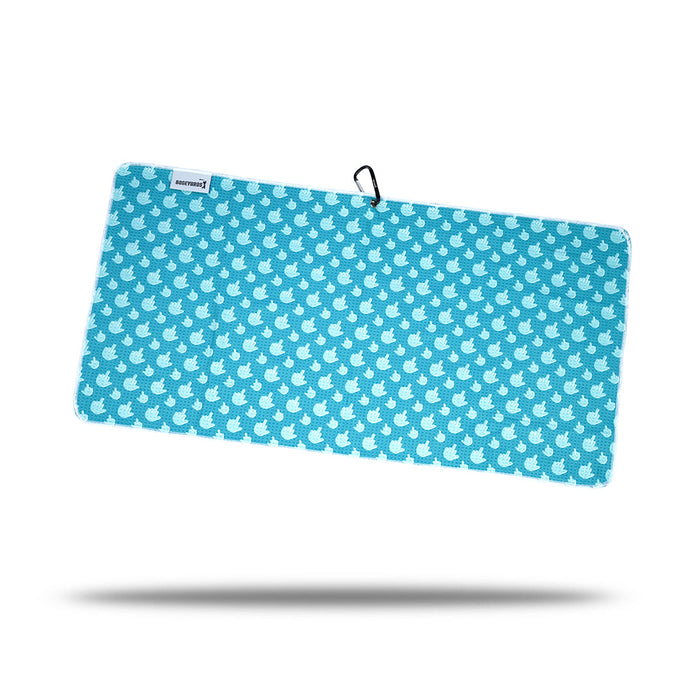The Birdie Finger - Towel is a rectangular blue microfiber towel with a repeating white leaf pattern, two-sided print, black hanging loop, and a small white label in the upper left corner, shown floating above a white surface with a soft shadow.