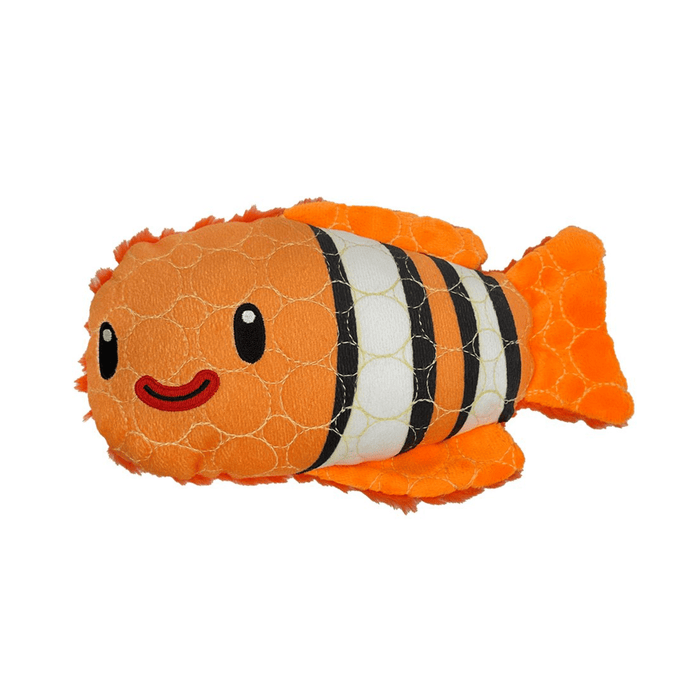 White background with a orange and white Bite Force Clown fish Dog Toy with stitched eye and smile details.