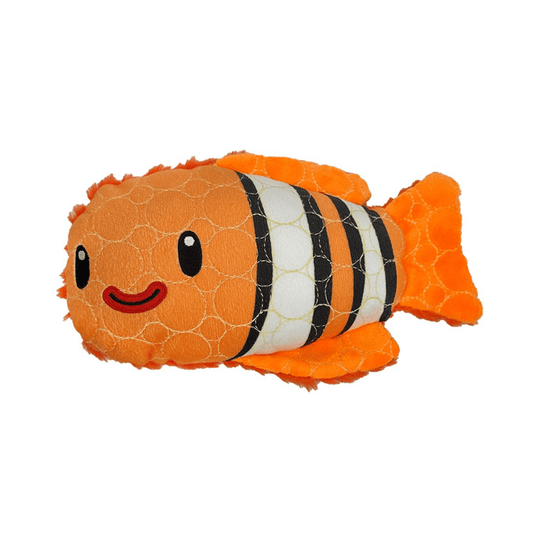 White background with a orange and white Bite Force Clown fish Dog Toy with stitched eye and smile details.