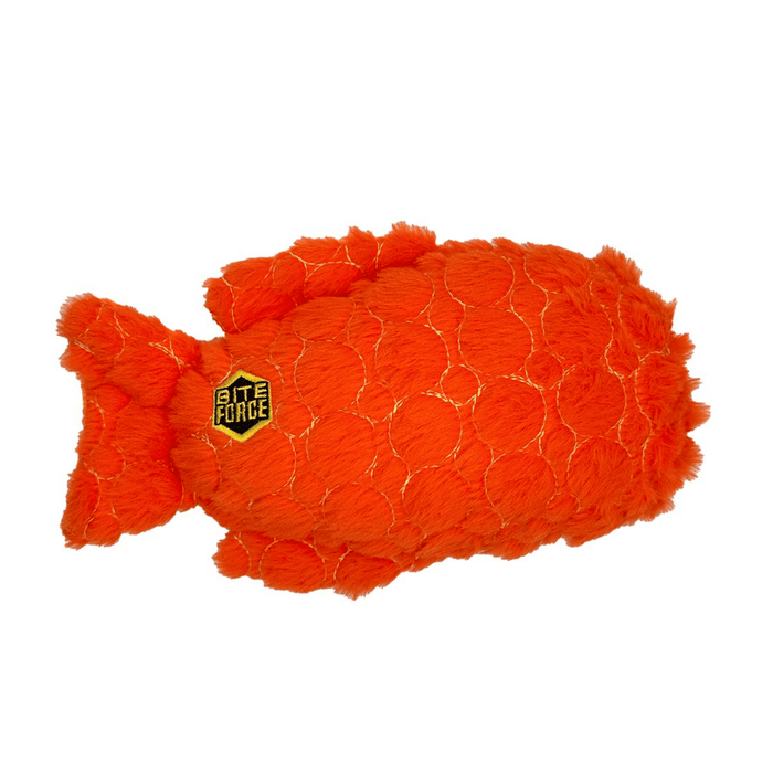 White background with a back view of an orange and white Bite Force Clown fish Dog Toy with the Bite Force logo stitched on it.