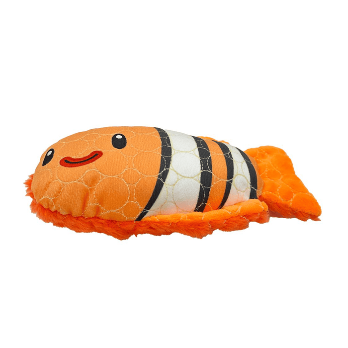 White background with a orange and white Bite Force Clown fish Dog Toy with stitched eye and smile details laying flat.