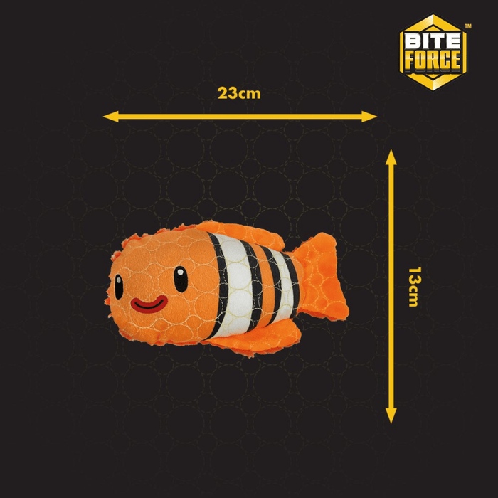 White background with a orange and white Bite Force Clown fish Dog Toy with stitched eye and smile details,  with measurements indicating width of 23cm and height of 13cm.