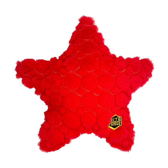 White background with a hot pink fluffy Bite Force starfish Dog Toy with the Bite Force logo stitched on to the right leg.