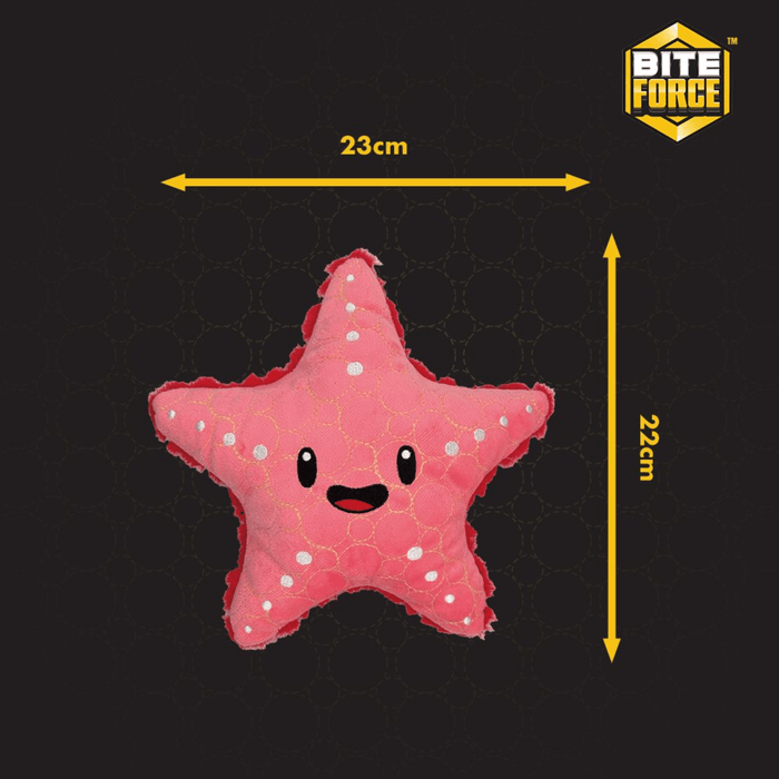 White background with a light pink Bite Force starfish Dog Toy with stitched eye and smile details, with measurements indicating width of 23cm and height of 22cm.
