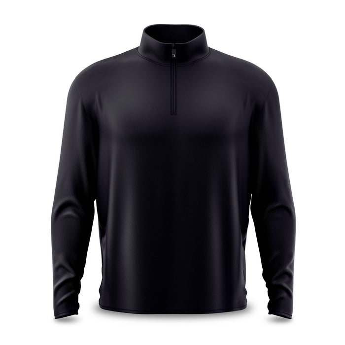 The Black - Q-Zip is a long-sleeve, black pullover featuring a mock neck and quarter-zip closure. Made from smooth, moisture-wicking fabric with an athletic fit. Shown against a plain white background.