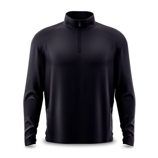 The Black - Q-Zip is a long-sleeve, black pullover featuring a mock neck and quarter-zip closure. Made from smooth, moisture-wicking fabric with an athletic fit. Shown against a plain white background.