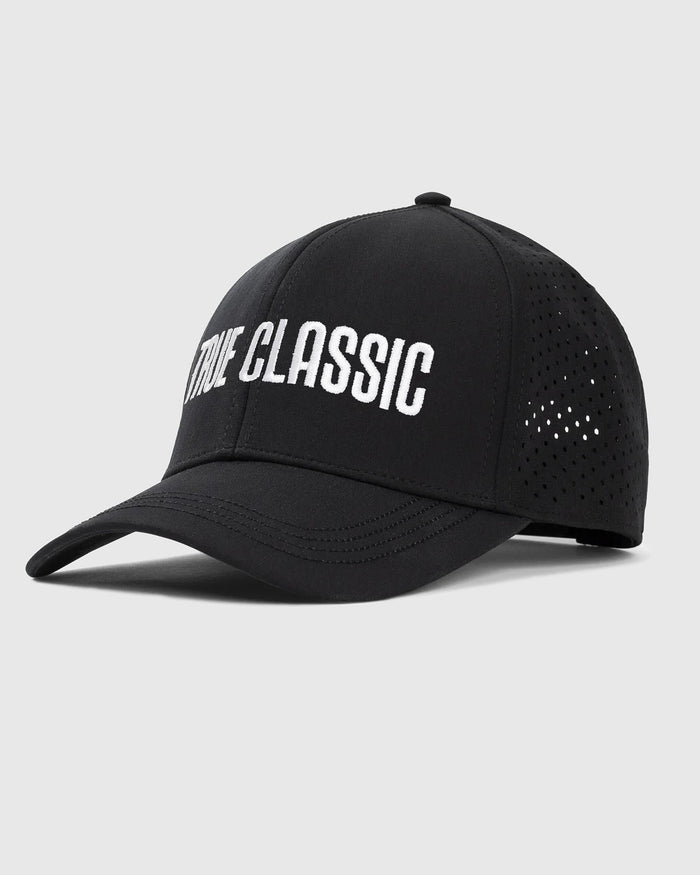 Black All Purpose Logo Cap with TRUE CLASSIC embroidered, mesh ventilation.