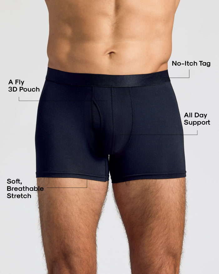Black Boxer Trunks W/ Fly 3-Pack showcasing stretch, support, and 3D pouch.