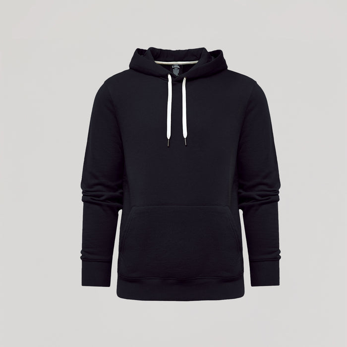 Black Fleece French Terry Pullover Hoodie with white drawstrings and kangaroo pocket.