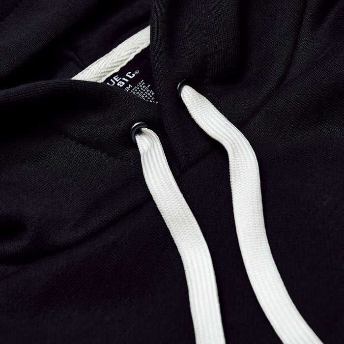 Black Fleece French Terry Pullover Hoodie with white drawcords and label.