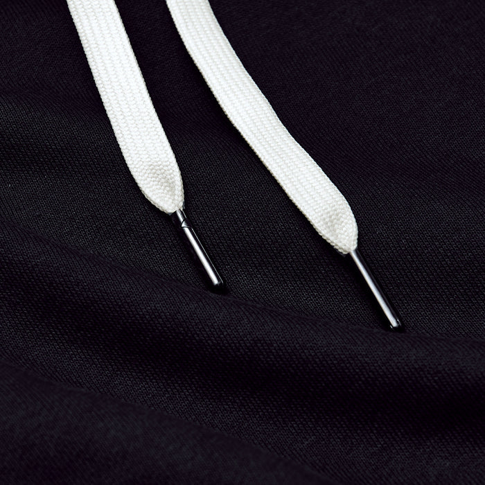 Black Fleece French Terry Pullover Hoodie with white drawcords and black aglets.