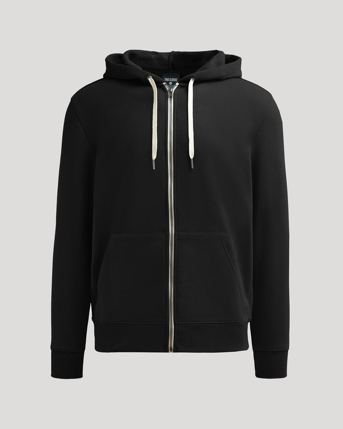 Black Fleece French Terry Zip Hoodie with zipper, drawcords, and pocket.