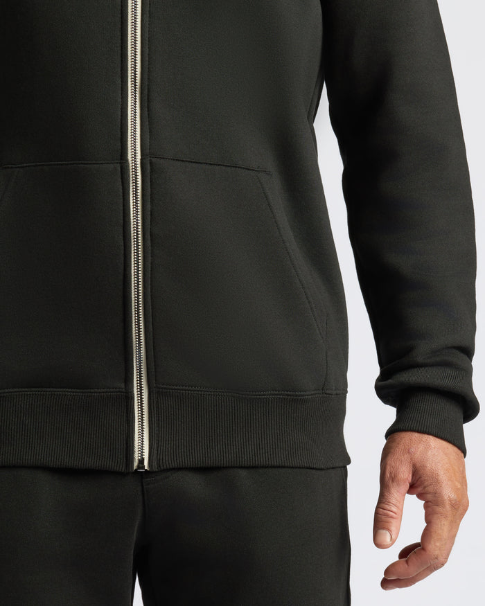 Black Fleece French Terry Zip Hoodie with kangaroo pockets and ribbed cuffs.