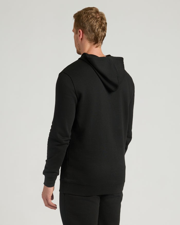 Black Tall Fleece French Terry Pullover Hoodie, worn by man from behind.