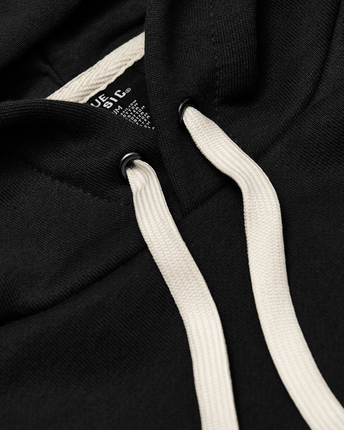 Black Tall Fleece French Terry Pullover Hoodie with off-white drawstrings.