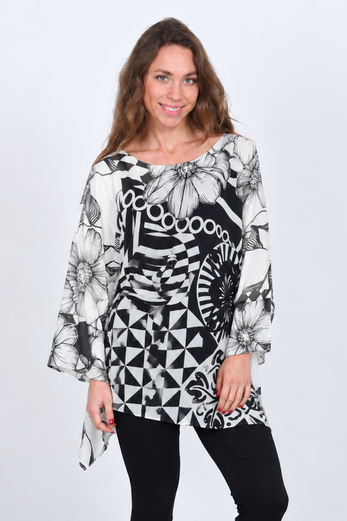 Black & White Geo Print Sheer One Size Blouse | LIOR