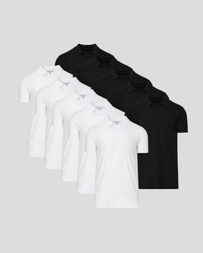 Black & White Tall Classic Polo 10-Pack, staggered display of white and black shirts.