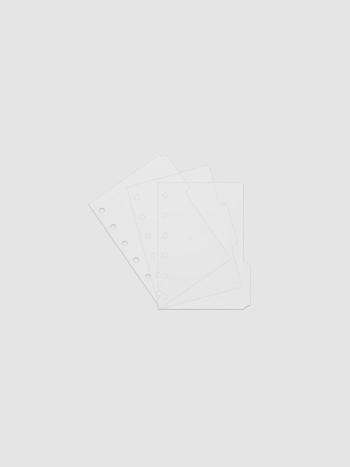 Three 6-ring punch clear side tab dividers sized for Pocket planners.