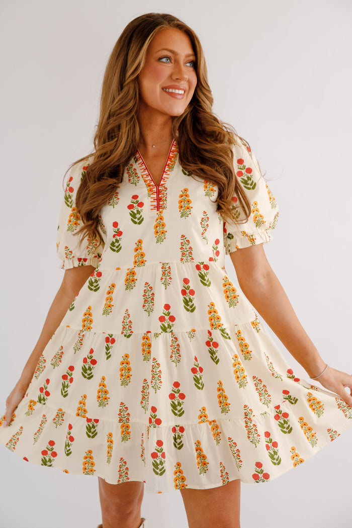 Short Floral Dress- Ivory Short Sleeve Dress- Jodifl Floral Dress