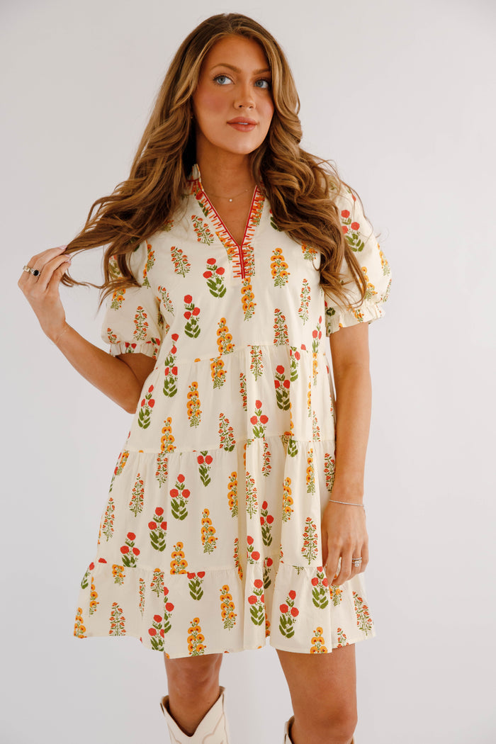 Short Floral Dress- Ivory Short Sleeve Dress- Jodifl Floral Dress