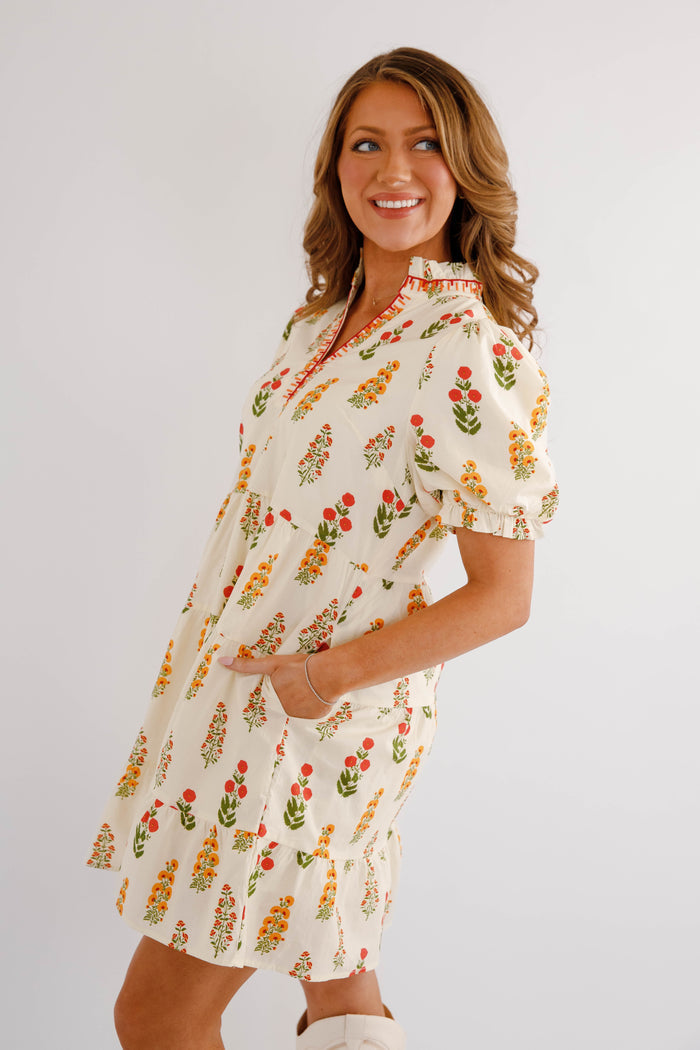 Short Floral Dress- Ivory Short Sleeve Dress- Jodifl Floral Dress