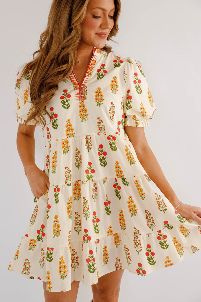 Short Floral Dress- Ivory Short Sleeve Dress- Jodifl Floral Dress