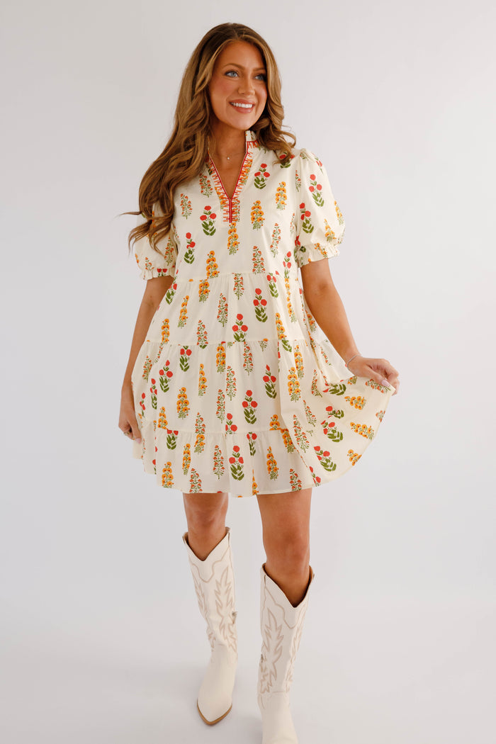 Short Floral Dress- Ivory Short Sleeve Dress- Jodifl Floral Dress