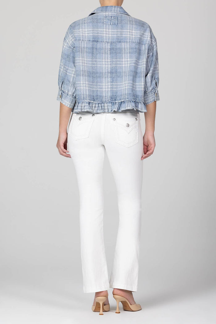 Blue Denim Plaid top with Ruffle Hem