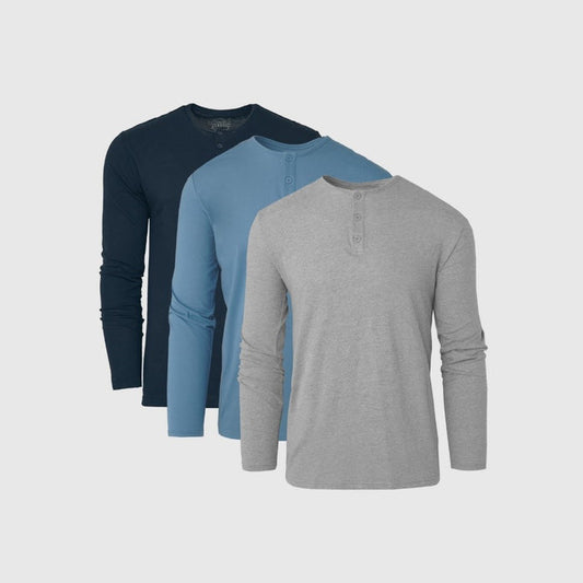 Blues Long Sleeve Henley 3-Pack: light gray, muted blue, dark navy.