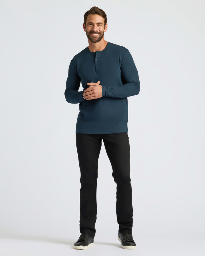 True Classic Men’s Long Sleeve Henley, soft cotton blend, classic 3-button style.