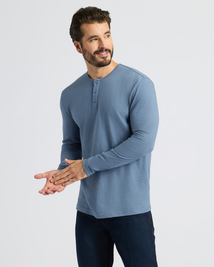 Man wearing Blues Long Sleeve Henley, showcasing its casual fit.
