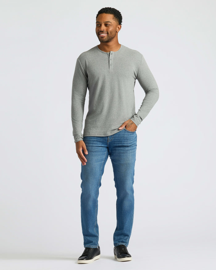 True Classic Men’s Long Sleeve Henley, soft cotton blend, casual style.