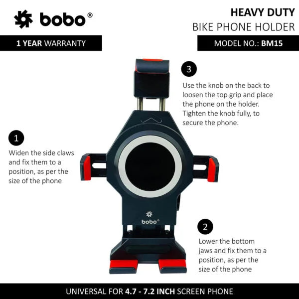 BOBO BM15 motorcycle phone mount
BOBO BM15 bike phone mount securely holding a smartphone on a motorcycle handlebar.