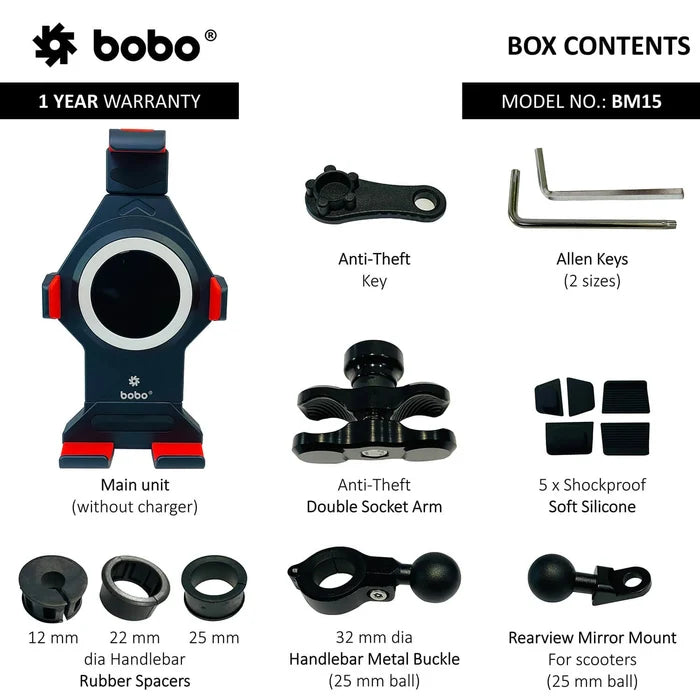 BOBO BM15 universal motorcycle phone holder featuring anti-theft protection and vibration-resistant mounting.
BOBO BM15 handlebar phone mount providing a secure grip and stable smartphone support while riding.