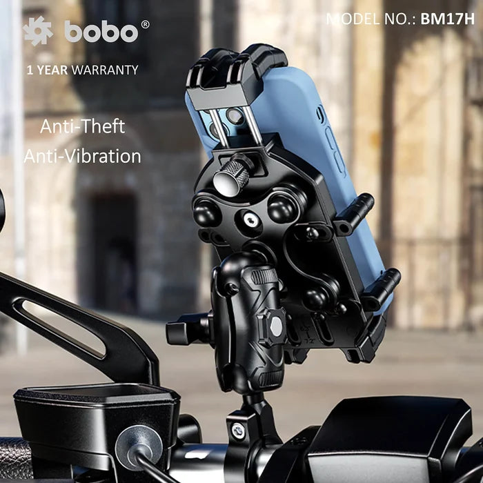BOBO BM17H bike phone mount with adjustable side claws, bottom jaws, and top lock for enhanced phone security.
BM17H universal bike phone mount