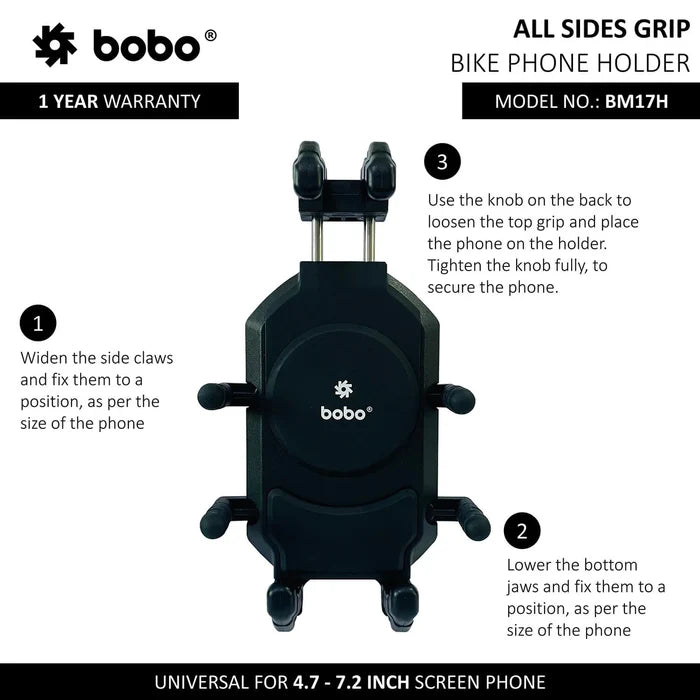 BOBO BM17H all sides grip bike phone holder with adjustable top, side, and bottom clamps for a secure fit.
BOBO BM17H motorcycle phone holder featuring an adjustable all-sides grip for smartphones from 4.7 to 7.2 inches.