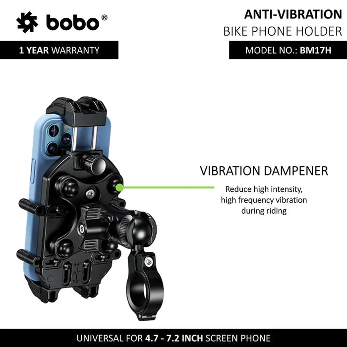 BOBO BM17H bike phone mount securely holding a smartphone on the handlebar with anti-theft locking, anti-vibration support.
BOBO BM17H adjustable phone holder