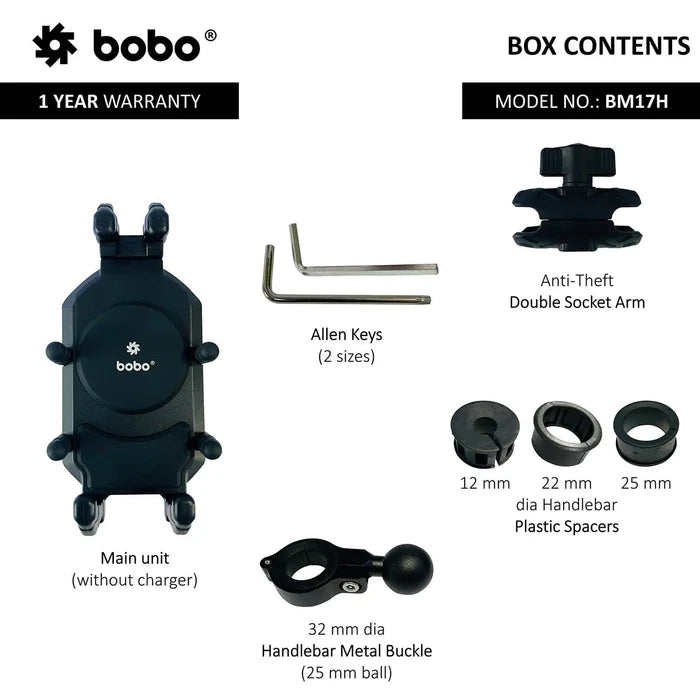 BOBO BM17H universal bike phone holder with reinforced phone grips and a robust handlebar clamp for safe navigation on motorcycles.
BOBO BM17H motorcycle phone mount