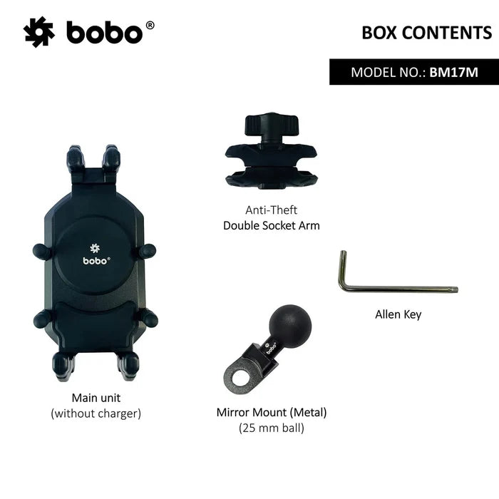 BOBO BM17M all sides grip bike phone holder with adjustable top, side, and bottom clamps for securely holding 4.7–7.2 inch smartphones on motorcycles.