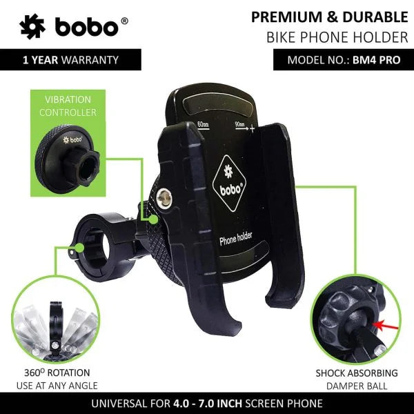BOBO BM4 PRO bike phone holder kit with vibration controller, rearview mirror bracket, handlebar clamp, spacers, and installation tool.
BOBO BM4 Pro handlebar phone mount for 4.0–7.0 inch smartphones