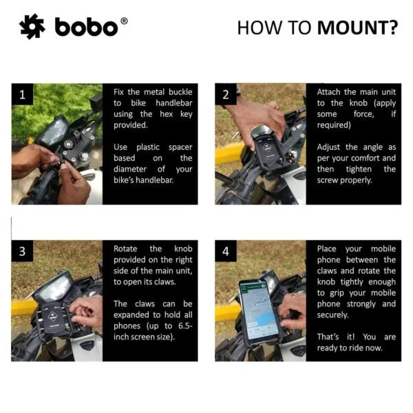 BOBO BM4 PRO bike phone holder box contents with vibration controller, mirror mount, metal buckle, spacers, and hex key.
BOBO Bike Phone Holder with Vibration Damper