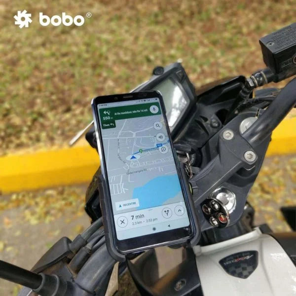 BOBO BM4 PRO phone holder box includes main unit, rearview mirror mount, 32 mm metal buckle, 22 mm and 25 mm spacers, and hex key.
BOBO Motorcycle Phone Holder for 4.0 to 7.0 Inch Smartphones