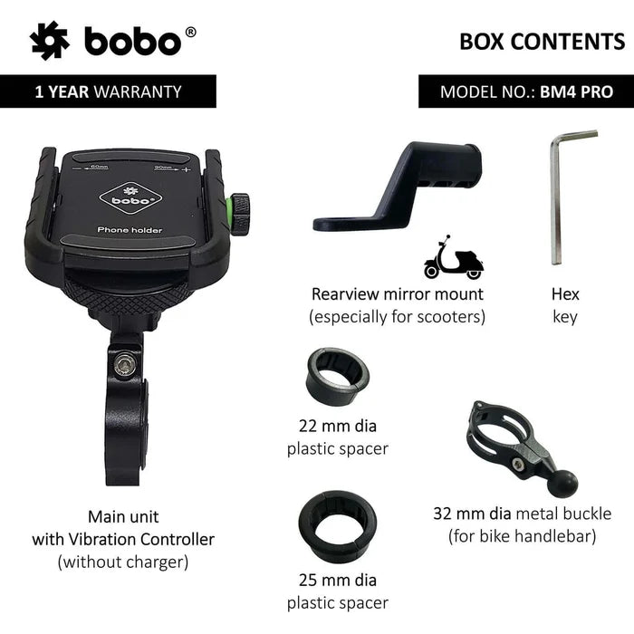 BOBO BM4 PRO mounting kit with bike phone holder, vibration controller, rearview mirror adapter, plastic spacers, and Allen key.
BOBO BM4 Pro Adjustable Handlebar Phone Holder