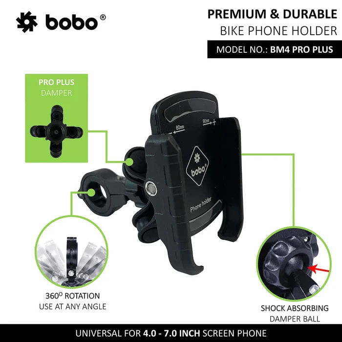 BOBO BM4 Pro Plus Motorcycle Phone Mount with 360° Rotation
BOBO Premium Bike Phone Holder with Shock-Absorbing Damper Ball
BOBO BM4 Pro Plus Motorcycle Phone Mount