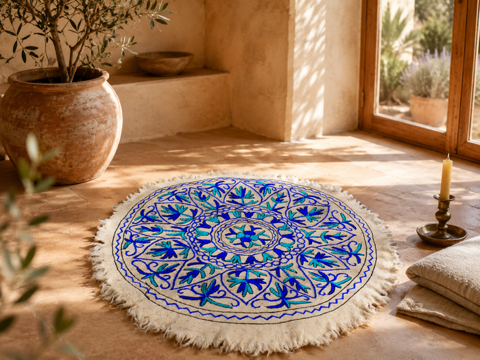 Boho Mandala Rug – Handcrafted Wool Namda from Kashmir, Colorful Embroidery