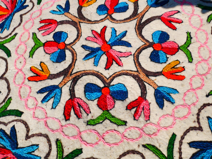 Boho Mandala Rug – Handcrafted Wool Namda from Kashmir, Colorful Embroidery