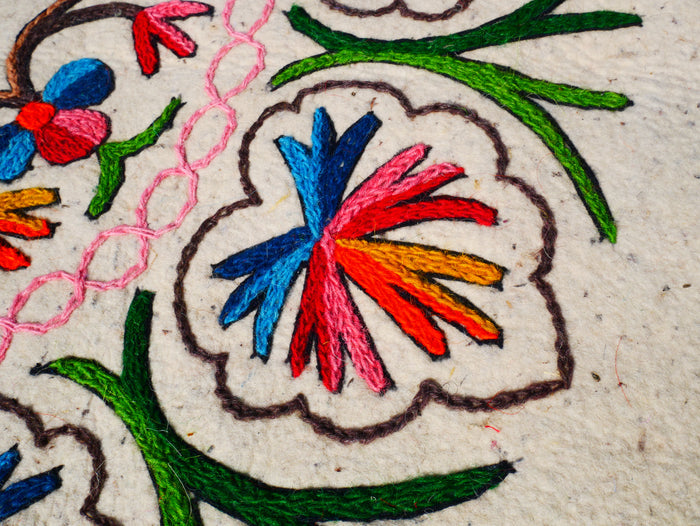 Boho Mandala Rug – Handcrafted Wool Namda from Kashmir, Colorful Embroidery