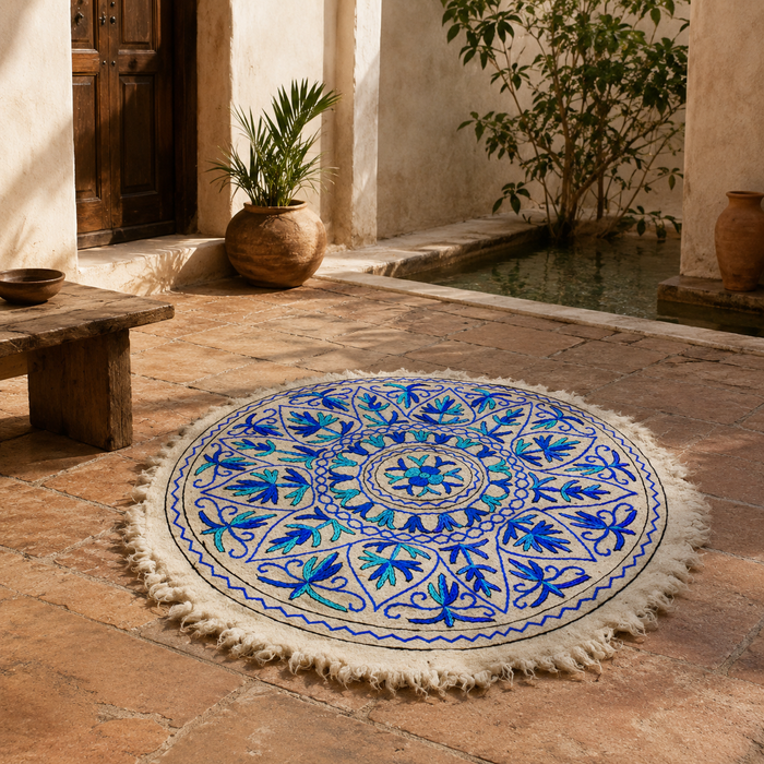 Boho Mandala Rug – Handcrafted Wool Namda from Kashmir, Colorful Embroidery