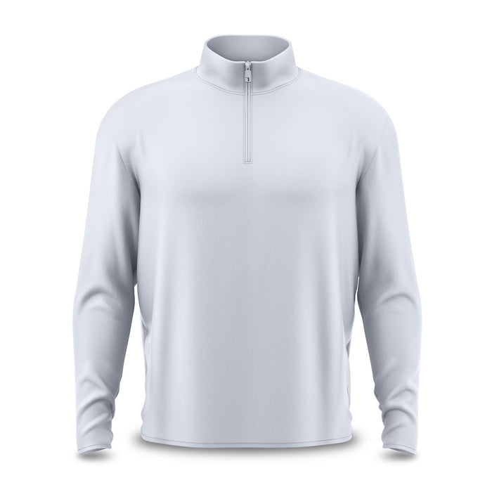 The Bone - Q-Zip is a light gray, long-sleeve pullover with a stand-up collar and half-zip closure. Made from moisture-wicking fabric with fitted wrists, this relaxed-fit shirt is displayed on an invisible mannequin against a white background.