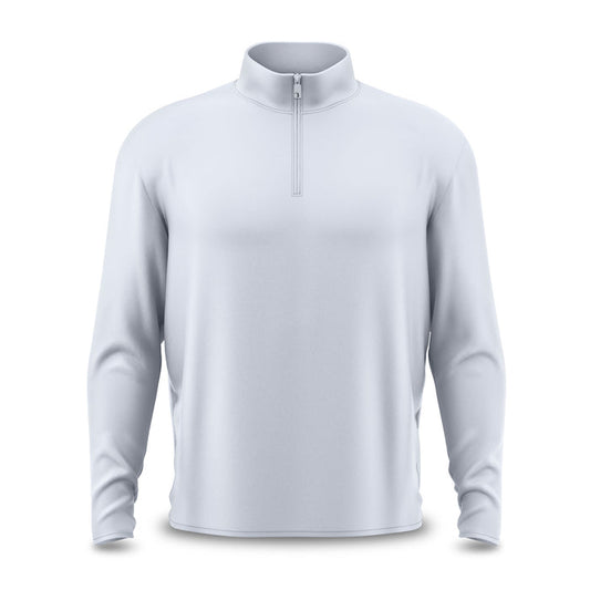 The Bone - Q-Zip is a light gray, long-sleeve pullover with a stand-up collar and half-zip closure. Made from moisture-wicking fabric with fitted wrists, this relaxed-fit shirt is displayed on an invisible mannequin against a white background.